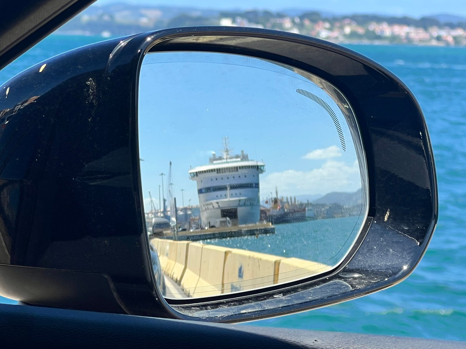 The Pont-Aven reflected in a car wing mirror after disembarking in Spain